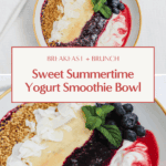 Overhead image of a smoothie yogurt bowl with layered strawberry, blueberry, and pineapple coconut blends, swirled with yogurt and topped with blueberries, bee pollen, coconut, and mint.