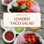 A colorful taco salad bowl with seasoned ground beef, sliced bell peppers, tomatoes, olives, red onion, and a big scoop of avocado dressing. Served alongside a trio of dips and a fresh lime margarita.