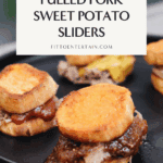Pulled pork sliders on roasted sweet potato rounds, drizzled with barbecue sauce and served on a party platter.