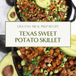 Overhead view of Texas sweet potato skillet in cast iron pan, topped with avocado and green onion.