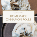 Soft gluten-free cinnamon roll topped with cream cheese icing, fresh from the oven, on a black plate.