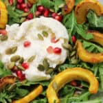 A vibrant roasted delicata squash and burrata salad topped with pomegranate seeds and pumpkin seeds, drizzled with maple-cider vinaigrette.