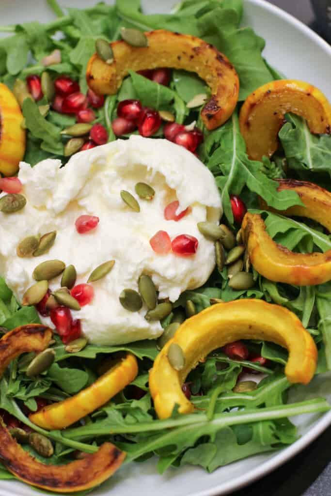 A vibrant roasted delicata squash and burrata salad topped with pomegranate seeds and pumpkin seeds, drizzled with maple-cider vinaigrette.