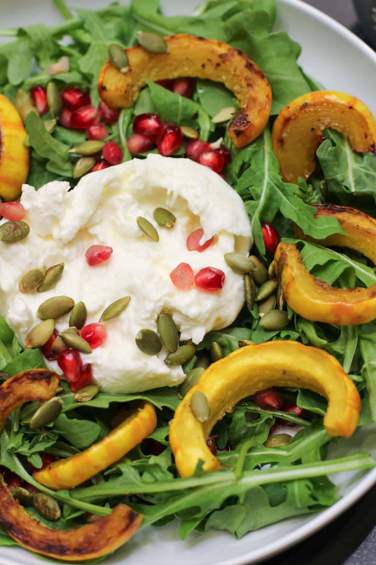 A vibrant roasted delicata squash and burrata salad topped with pomegranate seeds and pumpkin seeds, drizzled with maple-cider vinaigrette.