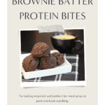 Brownie batter protein bites stacked on a white plate, sitting on top of a black and white napkin, and accompanied by a double shot of espresso in a matte black cup.
