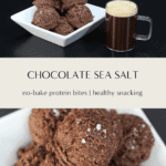 Chocolate sea salt protein bites made with almond flour, almond butter, chocolate protein powder, and maple syrup, finished with sea salt.
