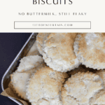 Golden gluten-free biscuits stacked in a metal baking pan lined with parchment paper, showing flaky edges and a soft, rustic texture.