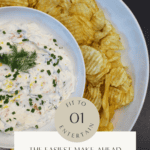 Creamy smoked salmon dip garnished with fresh dill and chives, served with kettle chips for easy entertaining