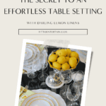 Spring table setting with green floral linens, gold utensils, personalized place cards, and lemon centerpiece