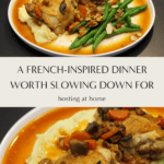 French countryside chicken with creamy mashed potatoes, sautéed mushrooms, carrots, crispy pancetta, and green beans with toasted almonds in a light pan sauce.