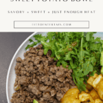 Hot honey ground venison sweet potato bowl with avocado, arugula, and roasted sweet potatoes in a white bowl