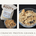 Crunchy homemade protein granola served in a glass bowl with Redmond Roots vanilla protein powder in the background