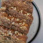 Four slices of brown butter mocha banana bread made with espresso powder and dark chocolate chunks.